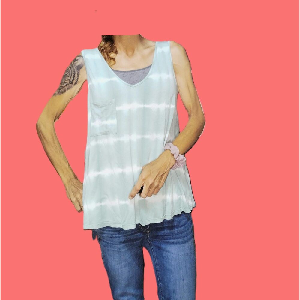 White Birch Green Tie Dye Flowy Tank Top ~ Size Small | Oversized Pocket